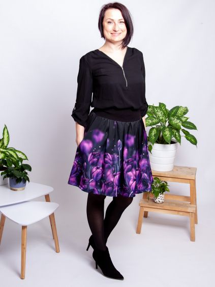 Dámská skládaná sukně s kapsami autorský originální design Temné tulipány 1